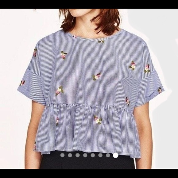 Zara Tops - Zara Striped Peplum Embroidered Crop Top L